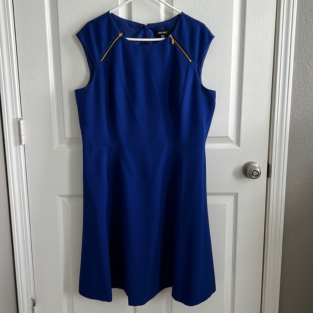 Nine West - Blue Fit and Flare Dress with Zipper Details - Size 16 - Like New